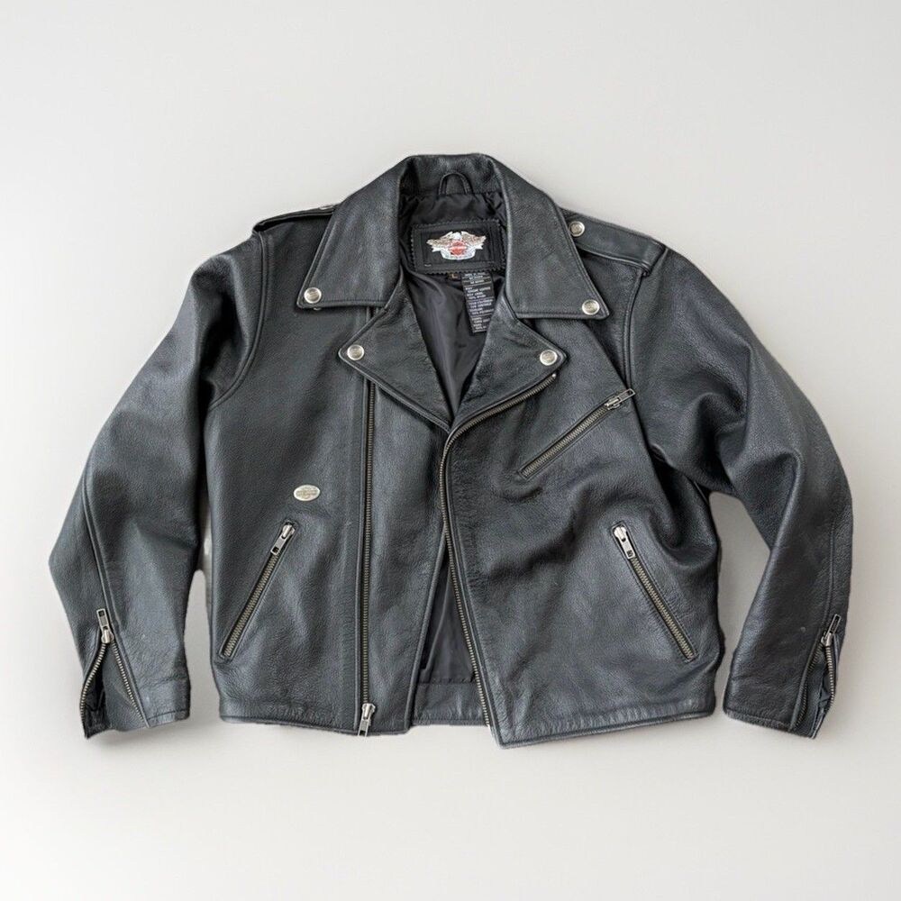 VTG Harley Davidson Women's Leather Riding Jacket CA 03402 Black Size Large Crop